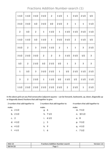 Numbersearch Fractions Addition