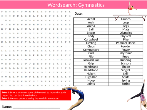 2 x Gymnastics Wordsearch Sheet Starter Activity Keywords Cover Homework PE