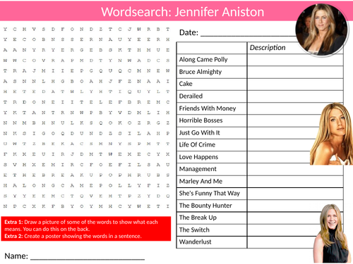Jennifer Aniston Wordsearch Sheet Starter Activity Keywords Cover Drama Actors