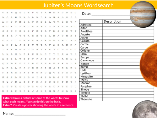 Moons of Jupiter Wordsearch Sheet Starter Activity Keywords Cover Homework Physics Space