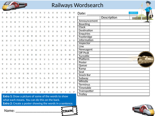 Trains & Railways Wordsearch Sheet Starter Activity Keywords Cover Homework Transport