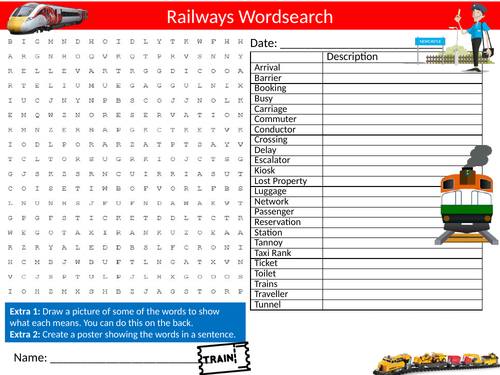 Trains & Railways #2 Wordsearch Sheet Starter Activity Keywords Cover Homework Transport