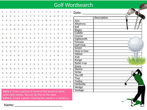 4 x Golf Wordsearch PE Sports Starter Settler Literacy Activity Homework Cover Lesson