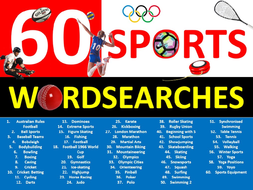 60 x Sports Wordsearches PE Fitness Health Starter Settler Activity Homework Cover Wordsearch