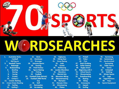 70 x Wordsearch PE Sports Starter Settler Literacy Activity Homework Cover Lesson