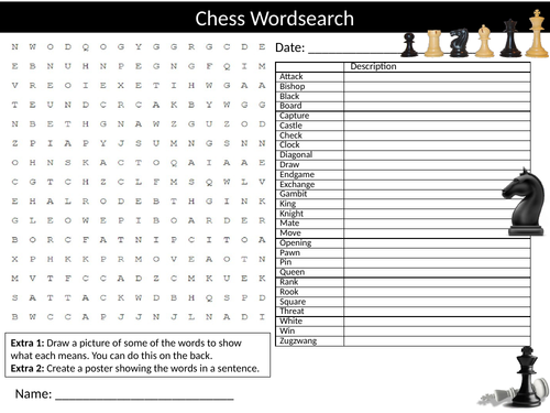 3 x Chess Wordsearch Starter Activity Board Games Homework Cover Lesson Plenary