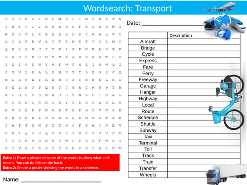 Transport Wordsearch Starter Settler Literacy Activity Homework Cover Lesson
