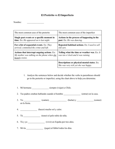 Spanish Preterite Or Imperfect No Prep Worksheet Teaching Resources