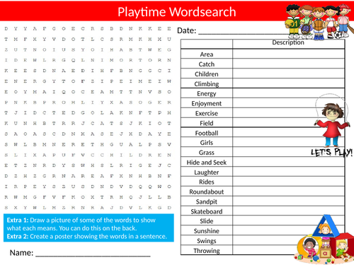 Playtime Wordsearch Sheet Starter Activity Keywords Cover Break Lunch Golden Time