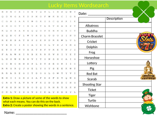Lucky Items Wordsearch Sheet Starter Activity Keywords Cover Homework Superstition
