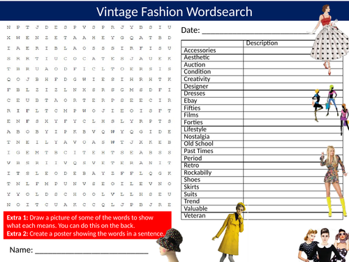 2 x Vintage Fashion Wordsearch Sheet Starter Activity Keywords Cover History Culture