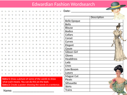 Edwardian Fashion Wordsearch Starter Settler Activity Homework Cover Lesson Textiles History