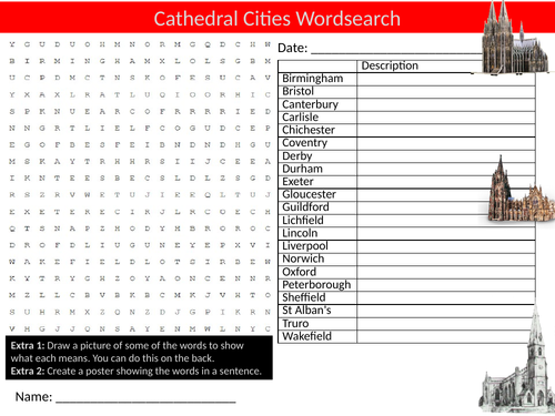 Cathedral Cities Wordsearch Sheet Starter Activity Keywords Cover Homework Geography