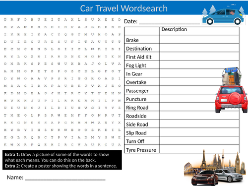 Car Travel Wordsearch Starter Settler Activity Homework Cover Lesson Transport