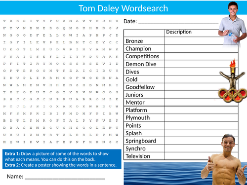 Tom Daley Wordsearch PE Sports Starter Settler Activity Homework Cover Lesson Swimming