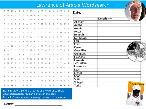 Lawrence of Arabia Wordsearch Starter Settler Activity Homework Cover Lesson Movie History