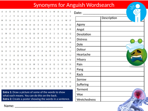 Synonyms Anguish Wordsearch Starter Settler Activity Homework Cover Lesson English Language