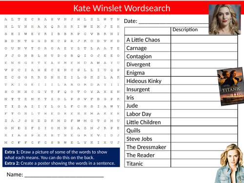 Kate Winslet Wordsearch Starter Settler Activity Homework Cover Lesson Drama Actors