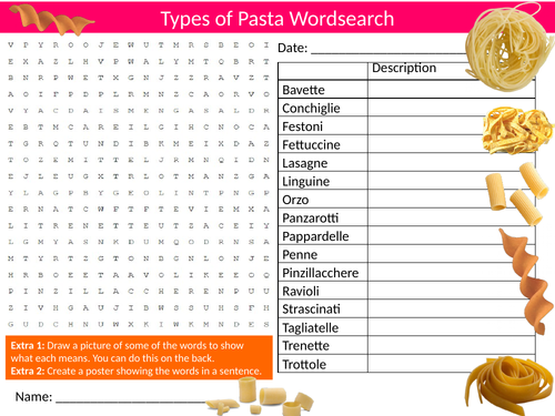 Types of Pasta #3 Wordsearch Starter Settler Activity Homework Cover Lesson Food Technology
