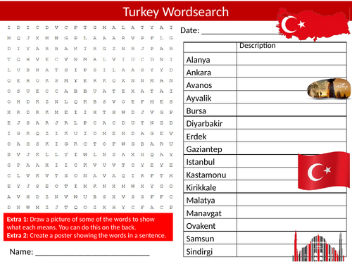 Turkey Country #2 Wordsearch Starter Settler Activity Homework Cover Lesson Geography