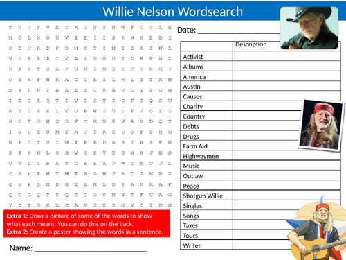 Willie Nelson Wordsearch Starter Settler Activity Homework Cover Lesson Music Famous Musician