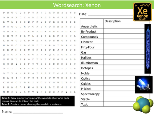 Xenon Element Wordsearch Starter Settler Activity Homework Cover Lesson Chemistry Physcis