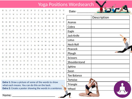 Yoga Positions Wordsearch PE Sports Starter Settler Activity Homework Cover Lesson
