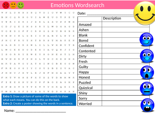 5 x Emotions  Wordsearch Starter Settler Activity Homework Cover Lesson Feelings PSHE