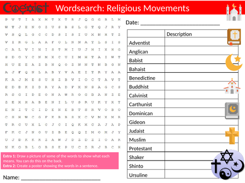 Religious Movements #2 Wordsearch Starter Settler Activity Homework Cover Lesson RE