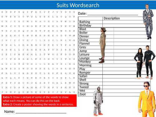 Suits Wordsearch Starter Settler Activity Homework Cover Lesson Textiles Technology