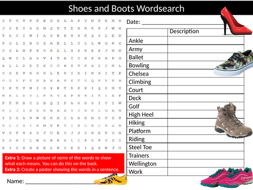 Shoes & Boots Wordsearch Starter Settler Activity Homework Cover Lesson Textiles Technology