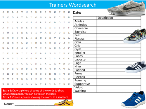 2 x Shoes & Boots Wordsearch Starter Settler Activity Homework Cover Lesson Textiles Technology
