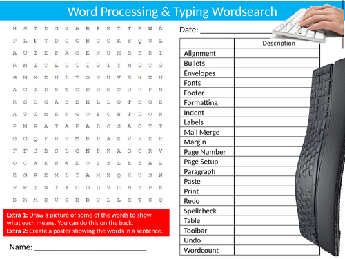 Typing & Word Processing Wordsearch Starter Settler Activity Homework Cover Lesson ICT