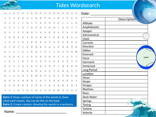 The Tides Wordsearch Starter Settler Activity Homework Cover Lesson Geography