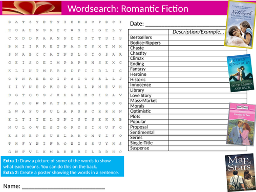 Romantic Fiction Wordsearch Starter Settler Activity Homework Cover Lesson English Literature