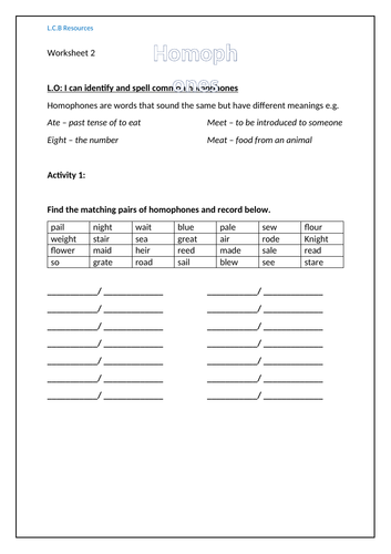 Homophones worksheet with four differentiated activities