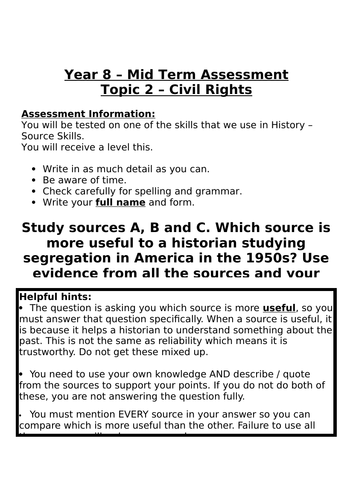 Mid Term Assessment. Part of a Black Lives Matter & Civil Rights SOW