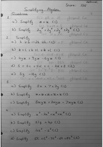 Simplifying Algebra 9-1 GCSE Worksheet & Answers
