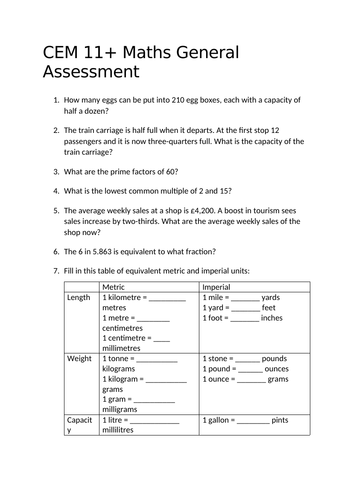 CEM 11 Plus Maths Assessment