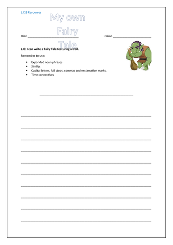 Planning your own fairy tale worksheet, writing template and features of a fairy tale pack.