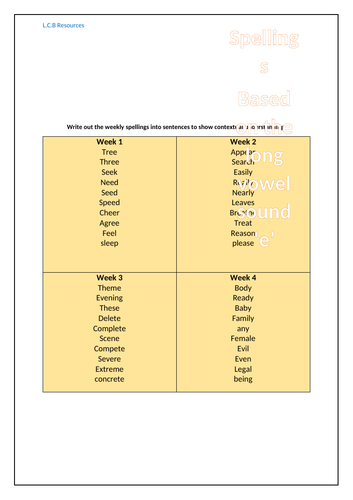 Spellings sheets for KS1