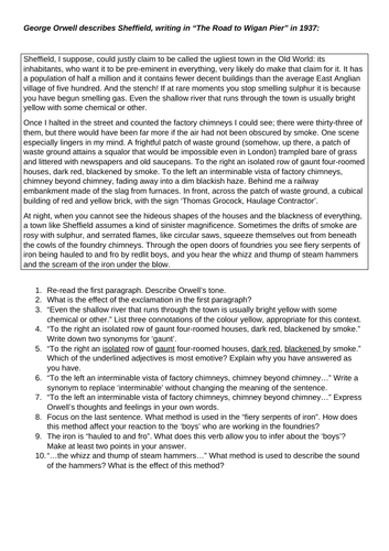 Non Fiction CRR Close Guided Pre Read George Orwell "Road to Wigan Pier" Sheffield