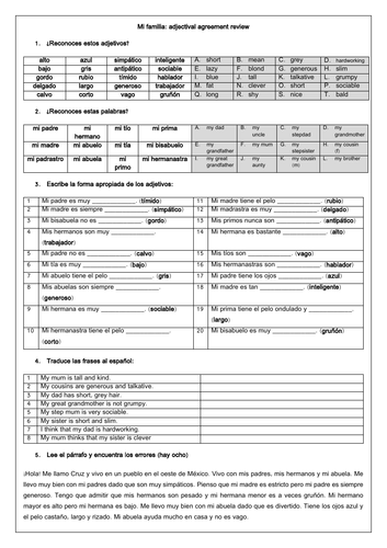 Spanish Mi familia / My family - description and adjective agreement GCSE