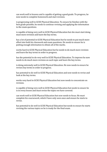 GCSE PE Report Comments