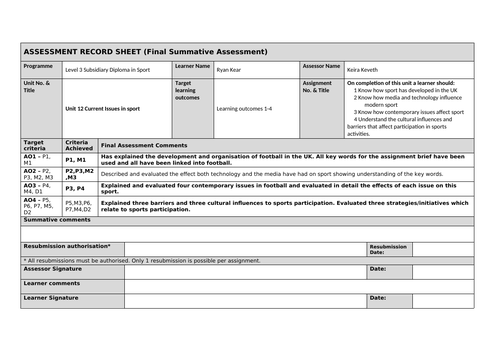 Example of a completed BTEC Summative sheet