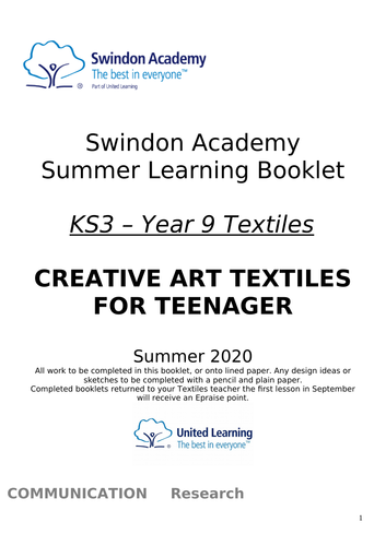 Textiles Year 9 Home Summer Learning Pack Booklet