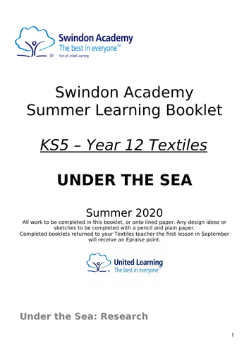 Textiles Year 12 Home Summer Learning Pack Booklet