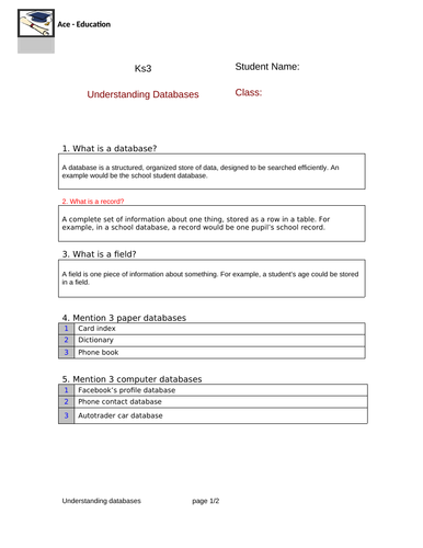 KS3 DATABASES QUESTIONS & ANSWERS