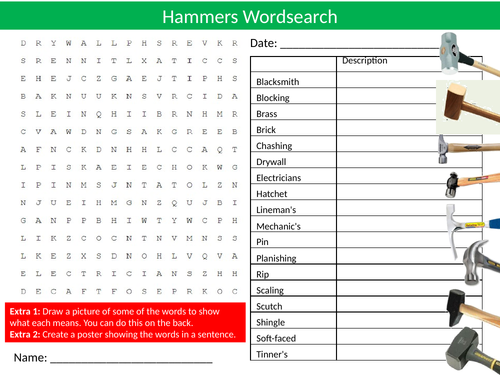 3 x Hammers Wordsearch Design Technology Tools Starter Activity Homework Cover Lesson Plenary