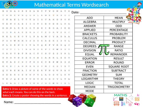 2 x Mathematical Terms Wordsearch Starter Activity Homework Cover Lesson Plenary